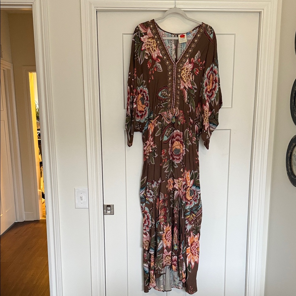 Anthropologie Farm Rio Brown Floral Long Sleeve Dress